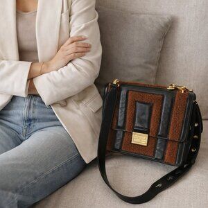 NWT Fendi Kan U Medium Shearling Patent Leather Black and Brown Bag